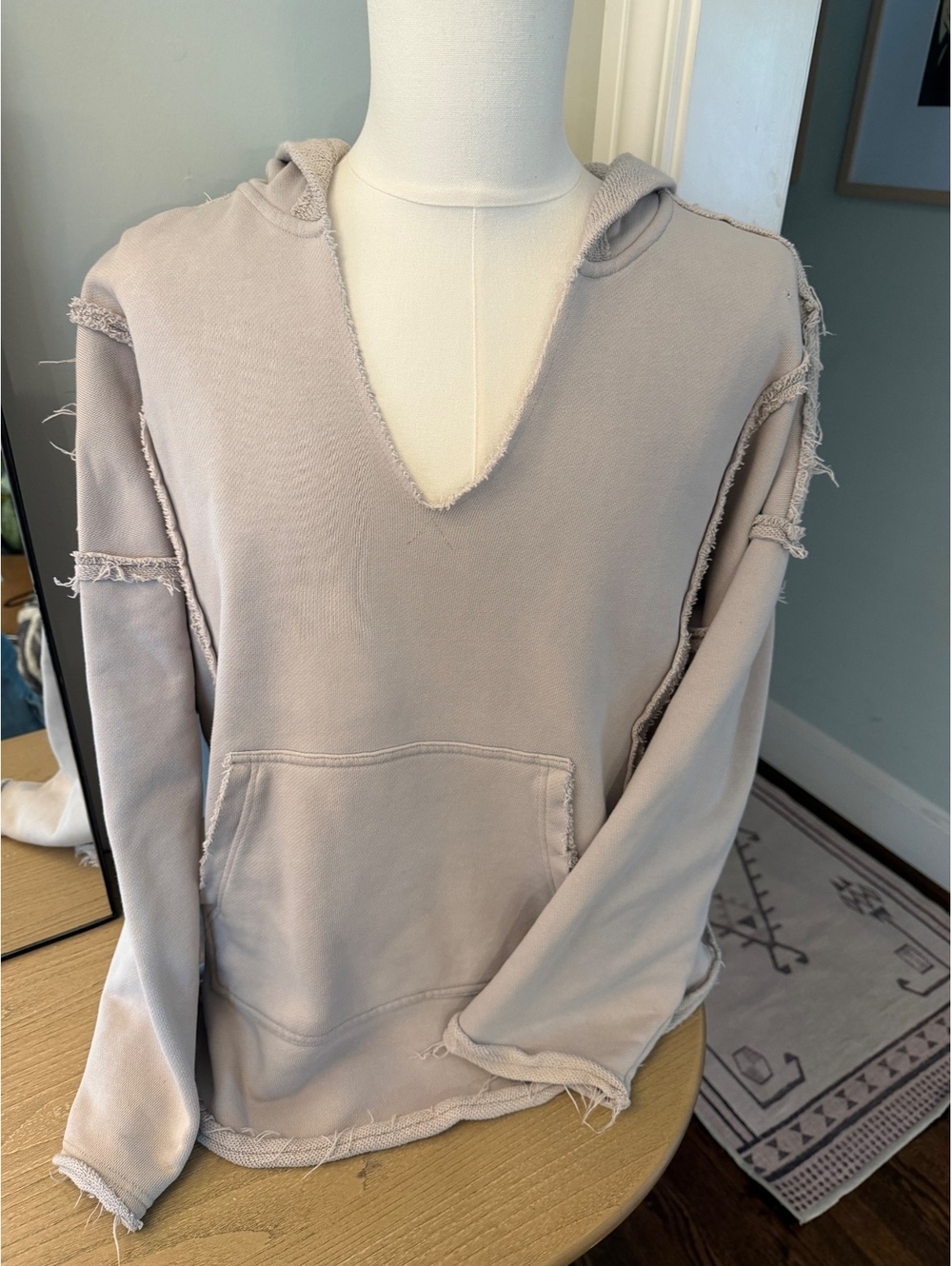 Natural Life Beige Frayed Edge Hoodie Sweatshirt with Hood